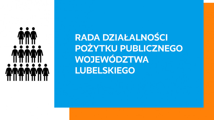po lewej na białym polu graficzne sylwetki ludzi ustawione w trójkąt, z prawej na niebieskim polu napis rada działalności pożytku publicznego województwa lubelskiego.