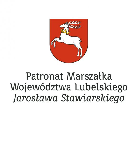 Herb województwa lubelskiego. poniżej napis PAtronat Marszalka Województwa Lubelskiego Jarosława Stawiarskiego