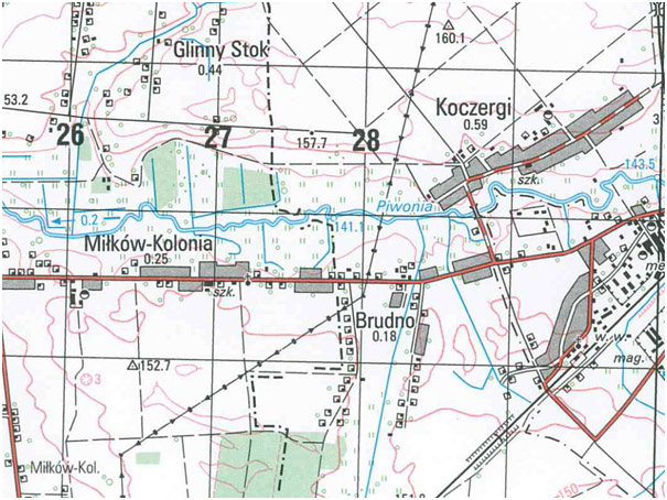 Fragment mapy topograficznej VMap level2 w skali 1:50 000, układ WGS-84 (przykład)