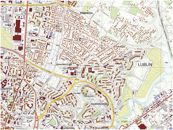 Fragment mapy topograficznej 1:10 000 (opracowanie standardowe) układ 1992 PL-UTM (przykład)