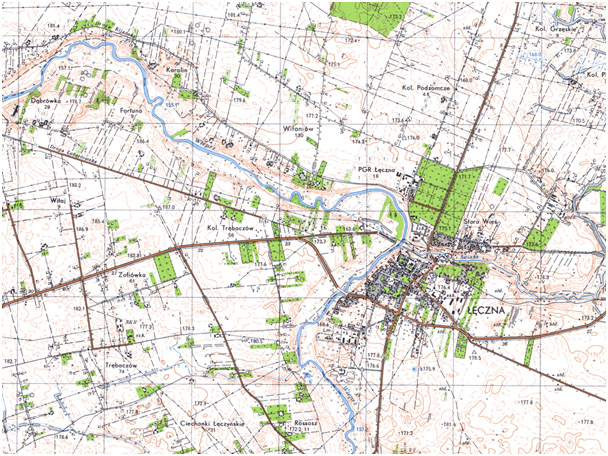 Fragment niestandardowej mapy topograficznej czterokolorowej 1:25 000 układ 1965 (przykład)