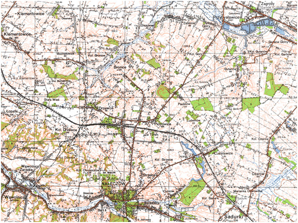 Fragment niestandardowej mapy topograficznej 1:50 000 układ 1965 (przykład)