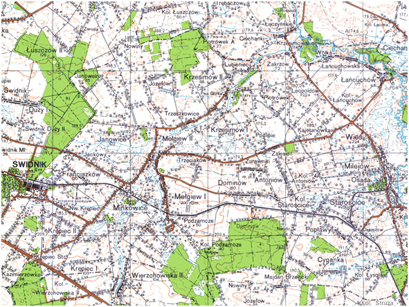 Fragment niestandardowej mapy topograficznej 1:100 000 układ 1980 (przykład)