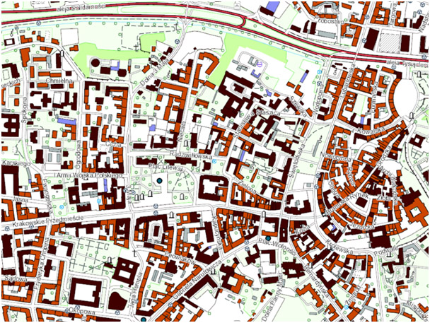 Wizualizacja BDOT10k dla fragmentu obszaru miasta Lublin. *Wizualizacja bazy BDOT10k dla obszaru województwa lubelskiego dostępna jest dla stronie internetowej www.gis.lubelskie.pl w zakładce Geodezyjny Portal Mapowy.