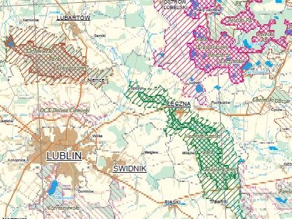 Fragment mapy Parków Krajobrazowych i Obszarów Chronionego Krajobrazu Województwa Lubelskiego (przykład)