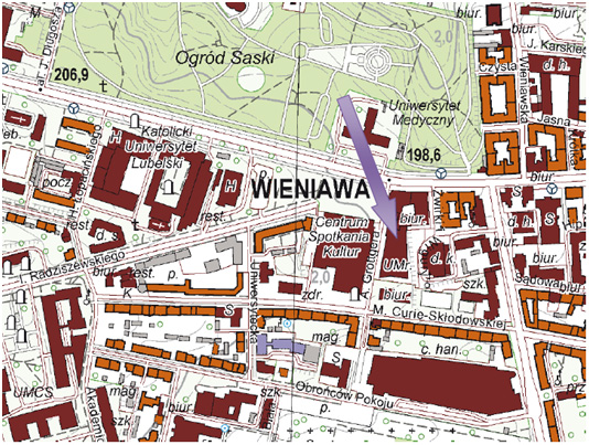 Fioletową strzałką na mapie wskazana jest siedziba Urzędu Marszałkowskiego Województwa Lubelskiego w Lublinie