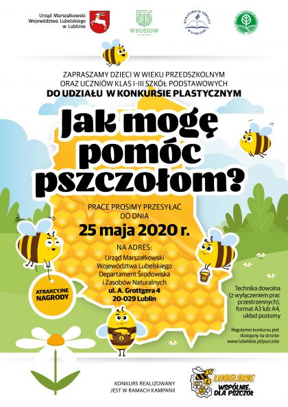 Plakat zawierający informacje o konkursie plastycznym pt. "jak mogę pomóc pszczołom?",