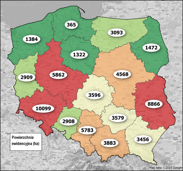Mapa Polski z naniesioną informacją o powierzchni stawów ziemnych w poszczególnych województwach