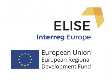 Logo projektu Elise Interreg Europe, poniżej flaga Unii Europejskiej, obok flagi napis w języku angielskim European Union European Regional Development Fund