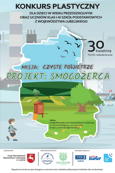 Plakat informujący o konkursie plastycznym dla dzieci pod nazwą Misja : czyste powietrze, Projekt: smogożerca