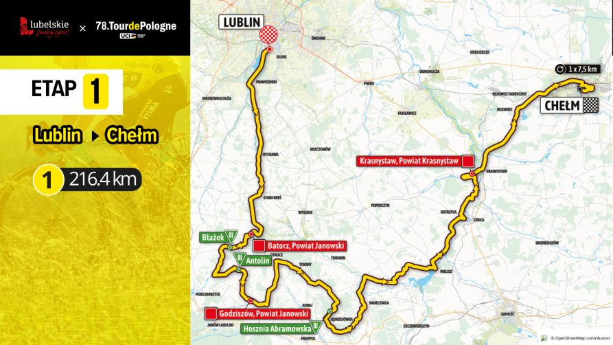 Na zdjęciu mapa z przebiegiem pierwszego etapu wyścigu Lublin-Chełm