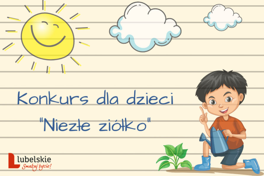 plakat konkursu - grafika przedstawiająca chłopca z konewką, podlewającego roślinkę, słońce i chmury