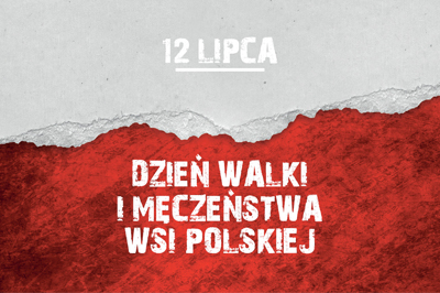 Białoczerwone tło, po środku na górze białą czcionką data 12 lipca, na czerwonym polu poniżej napis białą dzczionką Dzień walki i męczeństwa wsi polskiej
