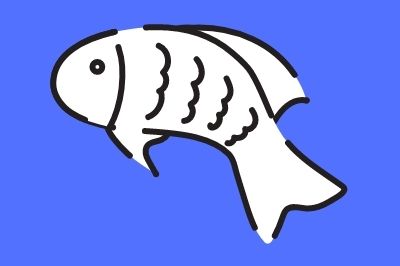 Grafika biała ryba z łuskami na niebieskim tle, skierowana w lewo