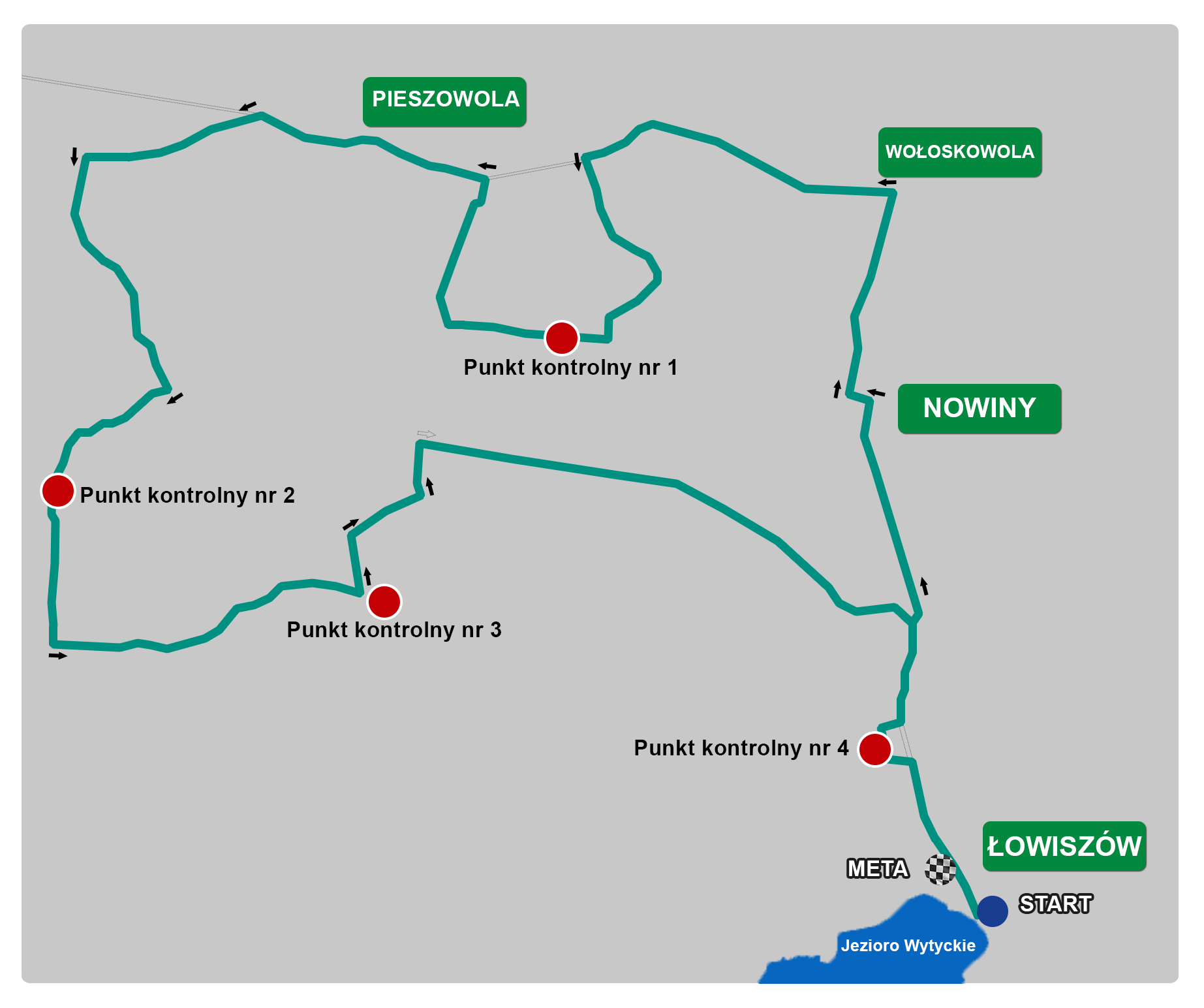 Trasa Rajdu rowerowego Lubelskie rowerowe z KSOW-em. Zaznaczono start, cztery punkty kontrolne oraz metę.