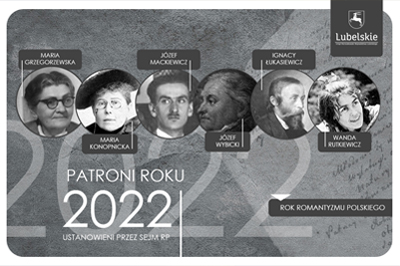 Plakat promujacy patronów roku 2022 na którym znajdują się zdjęcia poszczególnych patronów oraz napis patroni roku 2022