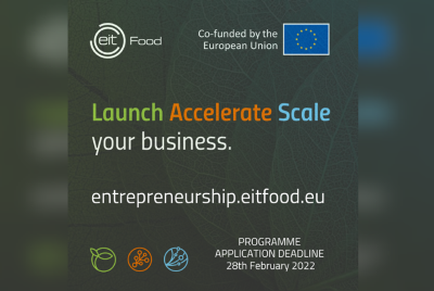 Plakat promujący wydarzenie z napisem obcojęzycznym Launch Accelerate Scale your business oraz podaną stroną interentową enterpeneurship.eitfood.eu