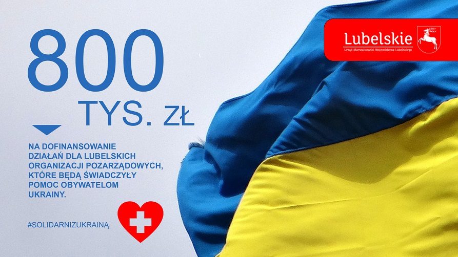 grafika z flagą ukrainską oraz napisem informującym o 800 tys zł grantow na pomoc ukrainie