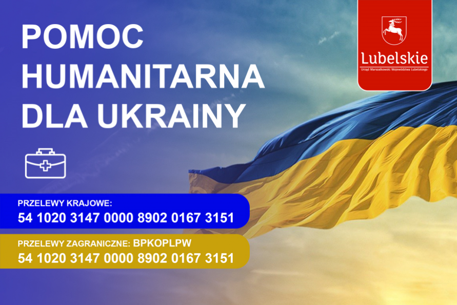 Grafika z ukrainską flaga i napisem pomoc humanitarna dla Ukrainy