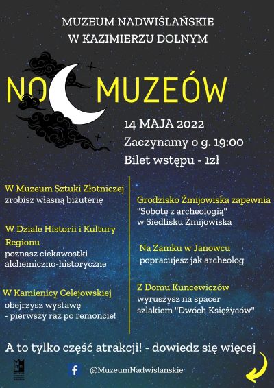 Plakat do wydarzenia z programem, w artykule znajduje się link prowadzący do strony organizatora na której można zapoznać się ze szczegółowym programem Nocy Muzeów