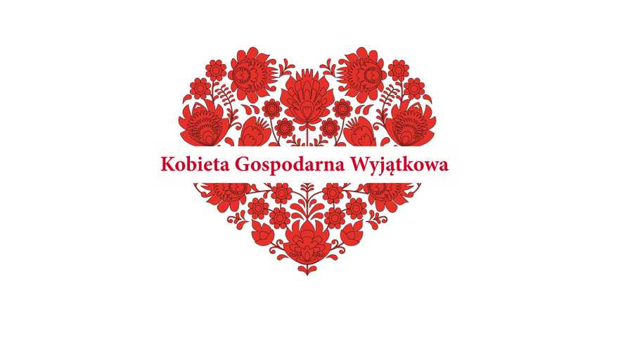 Logotyp wydarzenia grafika przedstawiająca serce ułożone z kwiatów w jednolitym kolorze i napis Kobieta Gospodarna Wyjątkowa