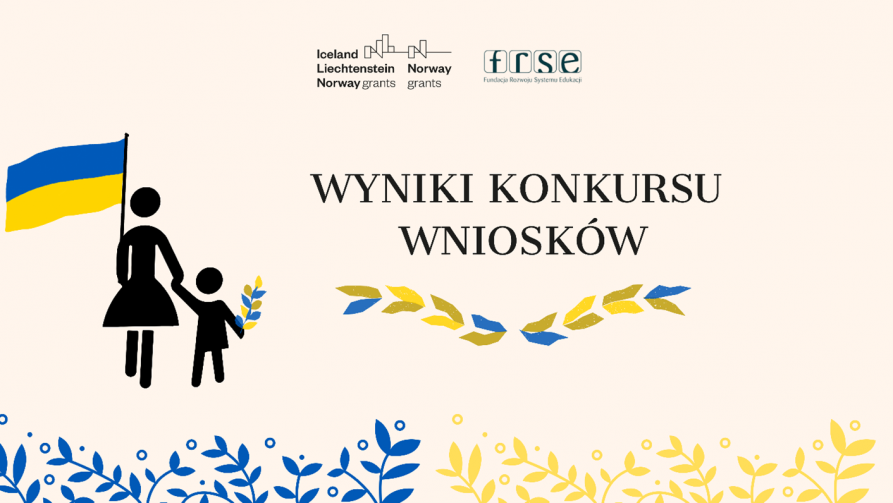 napis wyniki konkursów z boku rysunek kobiety z dzieckiem trzymajacych flagę Ukrainy