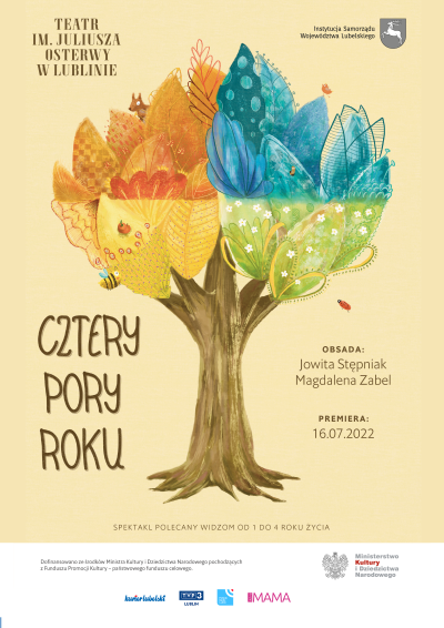 plakat do spektaklu Drzewo z koroną w czterech kolorach kojarzących się z czterema porami roku Logo teatru oraz tytuł spektaklu Cztery pory roku