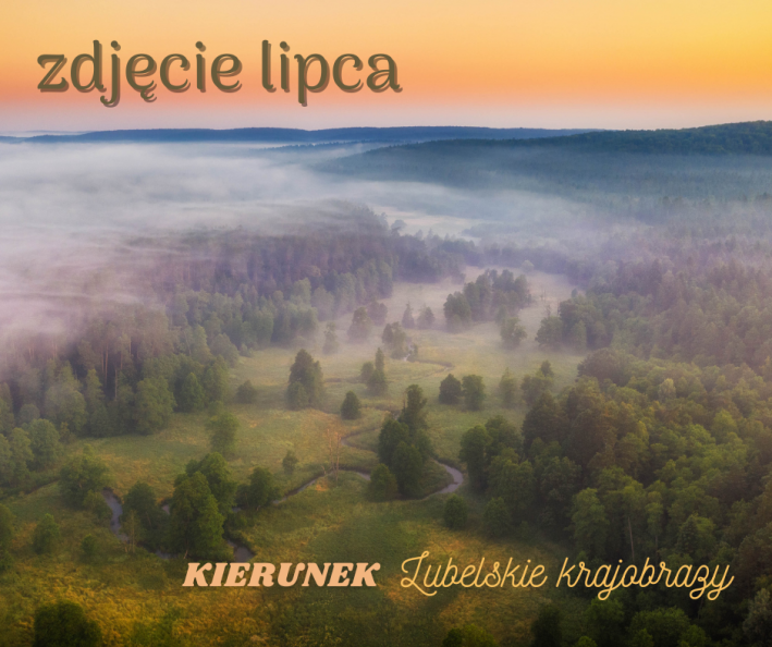 Widok z lotu ptaka na tereny w większości zalesione drzewami iglastymi. Przez środek płyni wijąca się jak wstążka rzeka. Nad drzewami unosi się mgła. W górnej części zdjęcia widać pomarańczowe niebo od wschodzącego słońca, które jeszcze nie wyszło nad horyzont. Na górze napis: "zdjęcie lipca". Na dole napis: "KIERUNEK LUBELSKIE KRAJOBRAZY".