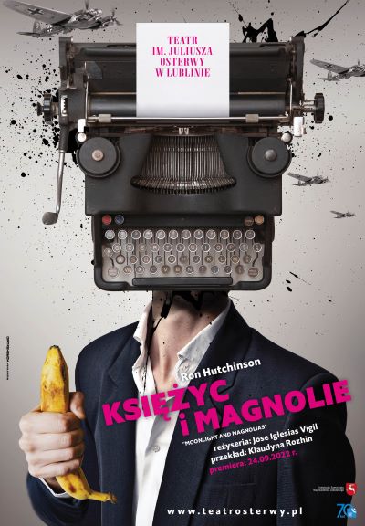 Plakat do wydarzenia: człowiek z maszyną do pisania zamiast głowy, napis Księżyc i magnolie