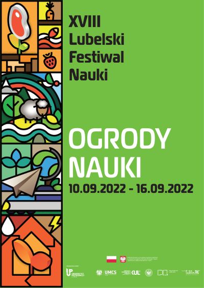 na zielonym tle napis Lubelski Festiwal Nauki