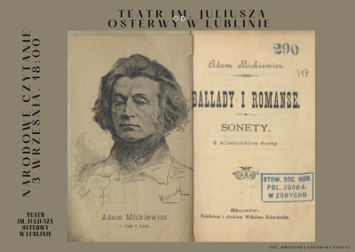 strona tytułowa Ballad i romansów z wizerunkiem Adama Mickiewicza