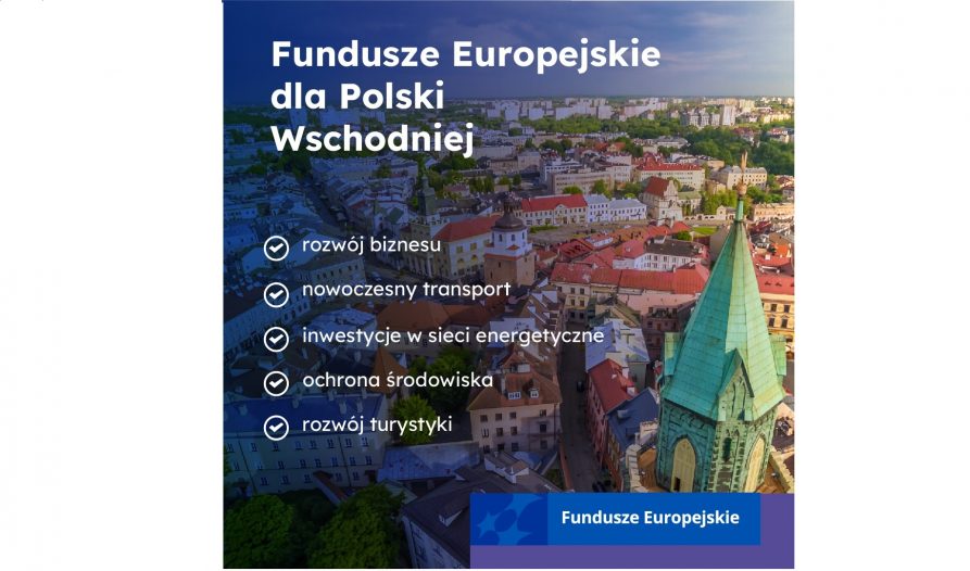 Grafika widok na miasto Lublin z lotu ptaka z dodaną informacją na temat obszarów objętych funduszami europejskimi