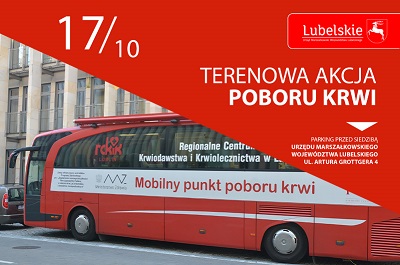 Autobus Krwiodawstwa w którym można oddać krew i komunikat na temat akcji poboru krwi
