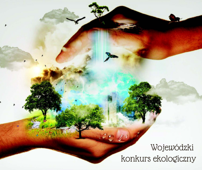 Dwie dłonie otulające elementy przyrody: drzewa, niebo, ptaki, chmury. Na dole napis: "Wojewódzki konkurs ekologiczny"