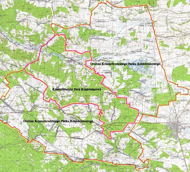 Fragment mapy z zaznaczonymi granicami parku
