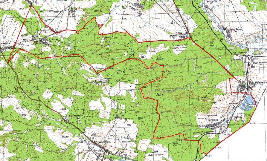 Fragment mapy z zaznaczonymi granicami Południoworoztoczańskiego Parku Krajobrazowego
