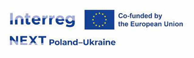 logo Programu Interreg NEST Polska-Ukraina. Granatowe litery i flaga UE z prawej strony