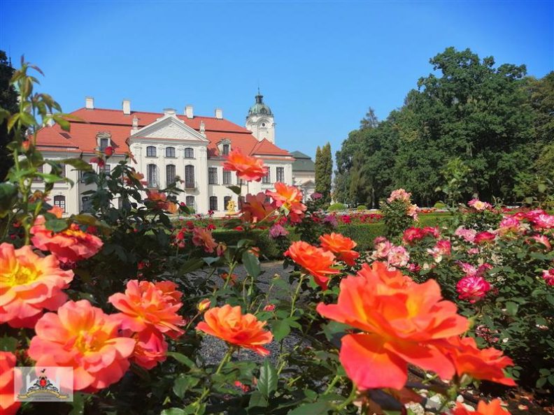 Pałac w Kozłówce w porze letniej, na pierwszym planie kwitnące kwiaty