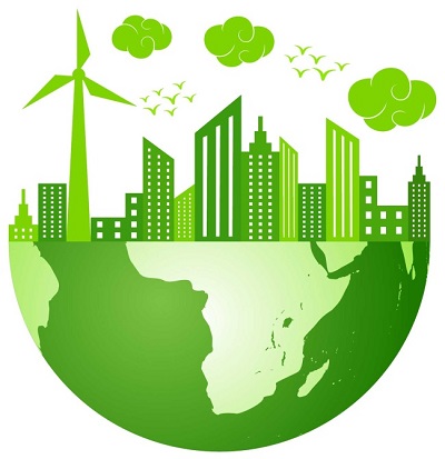 grafika z zieloną planetą i miastem