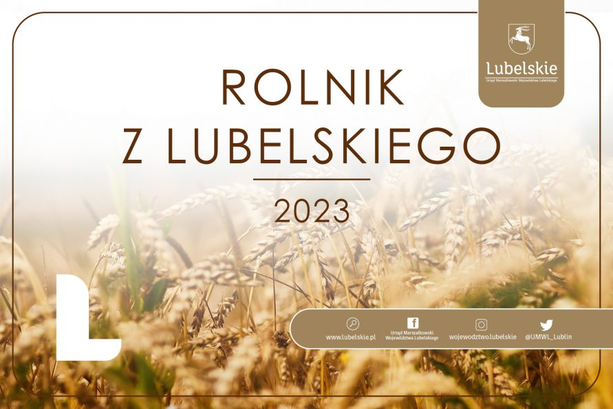 Grafika o konkursu Rolnik z Lubelskiego 2023 przedstawiająca nazwę konkursu na tle łanów zboża.