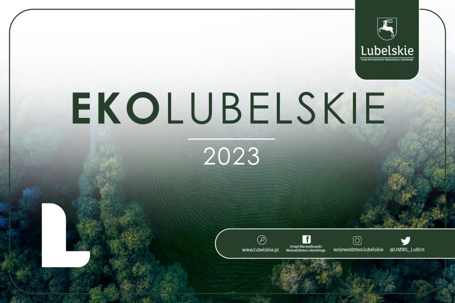 Obrazek przedstawia grafikę do konkursu Ekolubelskie 2023, nazwa konkursu na tle wiodku terenów zieleni z lotu ptaka.