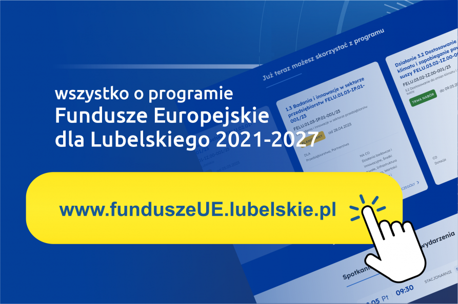Napis Wszystko o programie Fundusze Europejskie dla Lubelskiego 2021-2027 www.funduszeUE.lubelskie.pl w tle widok na grafikę formularza