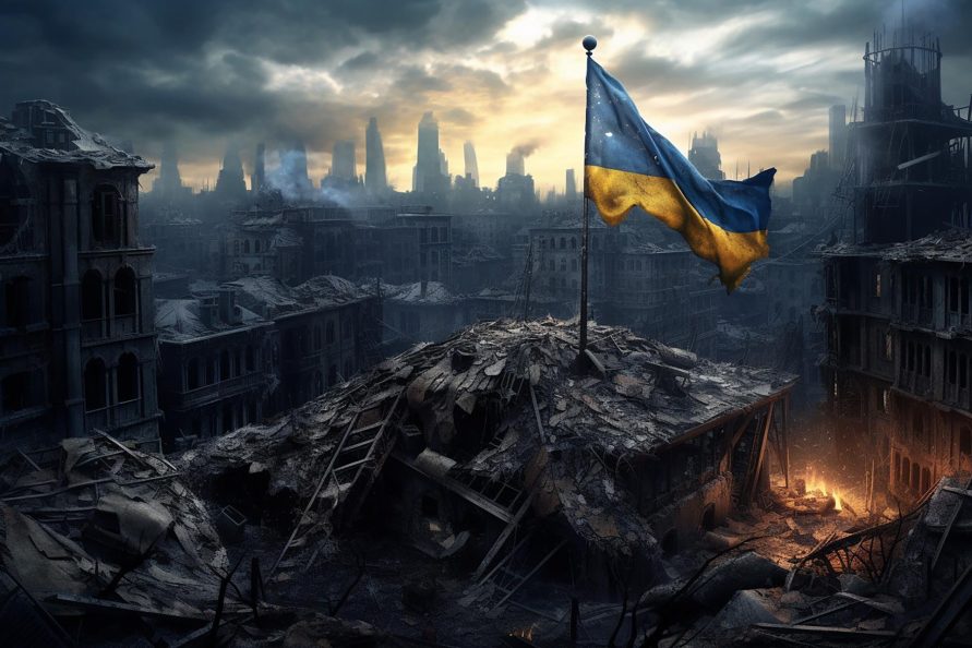 Flaga ukraińska wbita w gruzy i powiewająca na wietrze