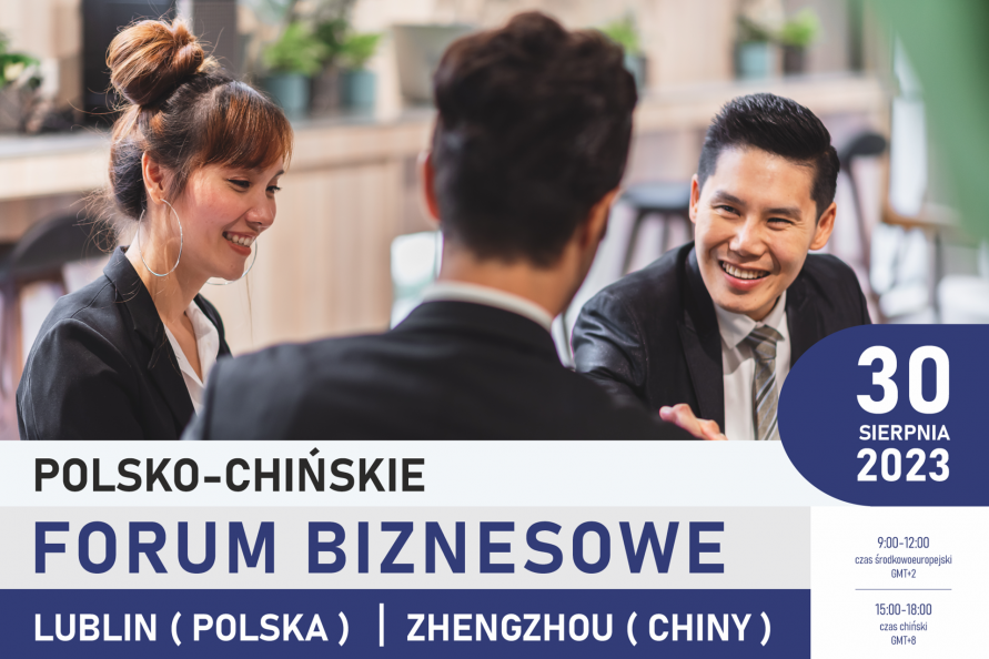 Grafika przedstawiająca wspólne spotkanie przy stole trzech osób. Pod zdjęciem napis Polsko chińskie forum biznesowe i dodane szczegóły wydarzenia, dostępne w artykule