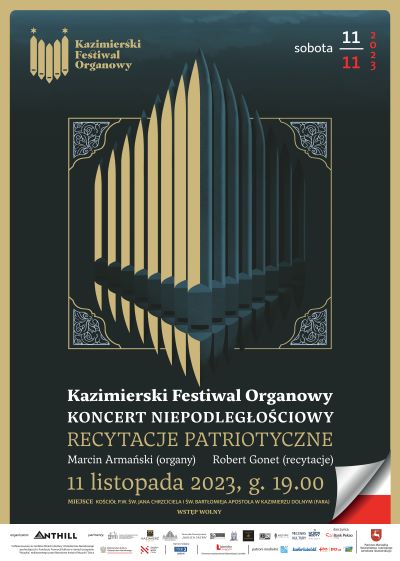 plakat w ciemnym kolorze z nazwą festiwalu Kazmimierski Festiwal Organowy