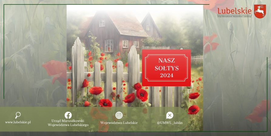 Grafika do konkursu przedstawiająca wieś, drewniane domki oraz kwiaty maku. Na białym płotku znajduje się czerwona tabliczka z nazwą konkursu.
