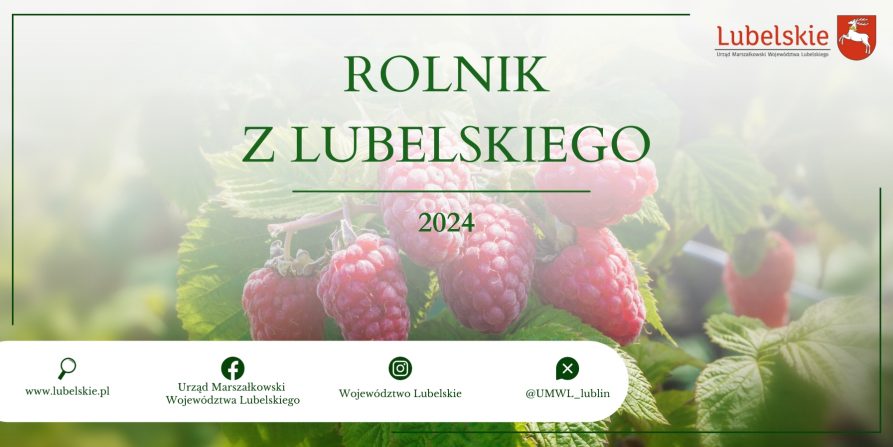 Grafika przedstawia zdjęcie malin na krzaku. Na tle których widać nazwę konkursu "Rolnik z Lubelskiego 2024".