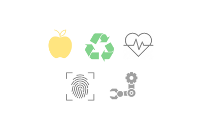 ikony, jabłka, przetwórstwa, serca, odcisk palca i ramienia robota