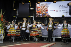 Grupa młodych ludzi ubranych w tradycyjne stroje ludowe trzymająca się za ręce w dwóch rzędach i tańcząca oraz śpiewająca na scenie dożynkowej. Ustawieni są na przemian: dziewczyna i chłopiec.