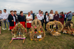Na zdjęciu widoczne cztery wieńce dożynkowe przedstawiające różne rzeczy: między innymi, pszczołę czy koronę. Wokół nich zebrani są rozmawiający między sobą ludzie.